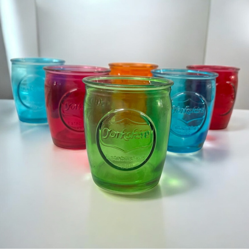Yorkshire Multicolor Glass Tumblers Set of 6 Vintage Embossed Drinking Cups